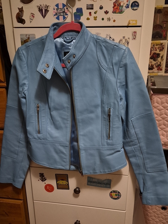 Oxyho Sorento Jackets & Blazers - Y2K OXYHO Light Blue Real Leather Moto Jacket